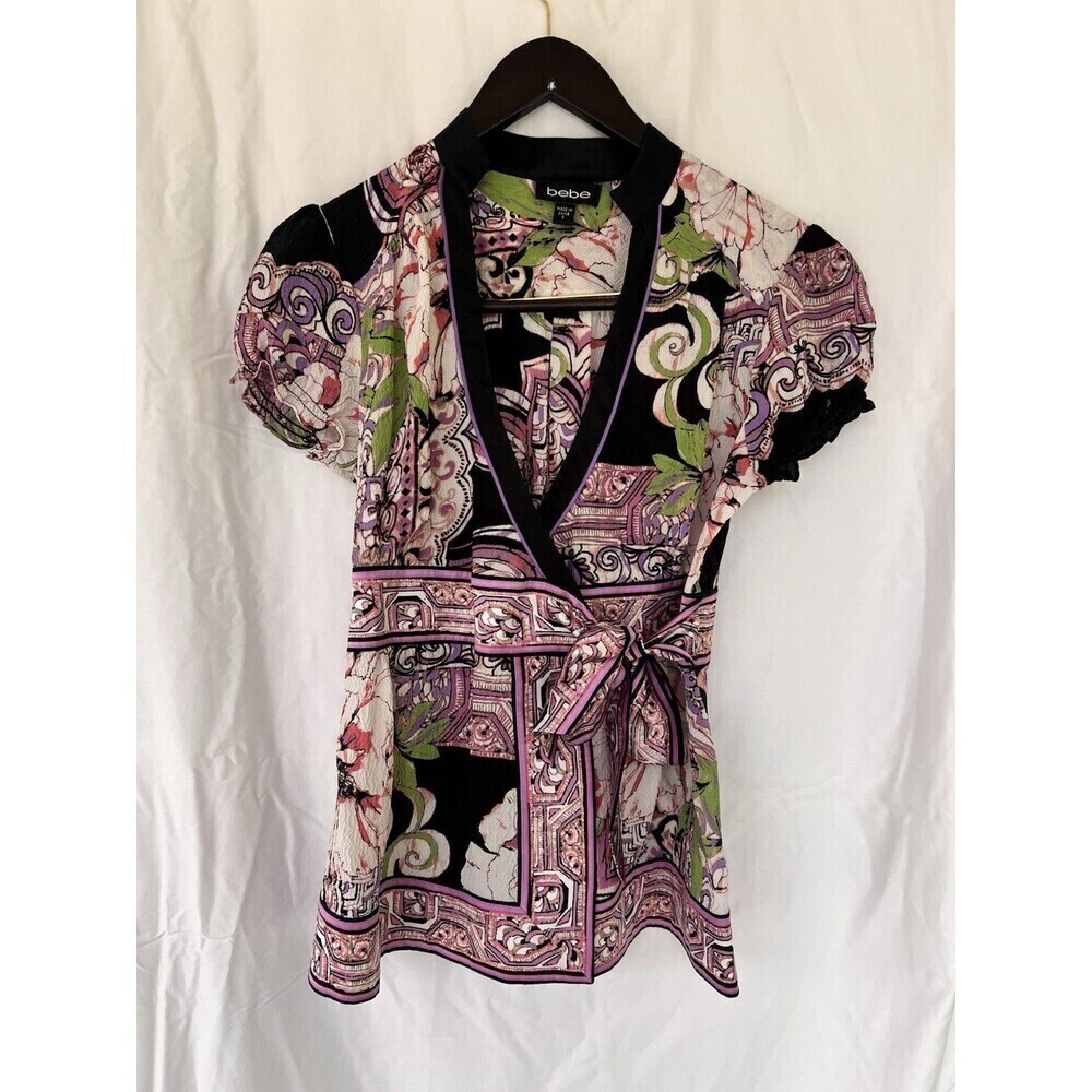 Bebe Y2K Baroque Floral Tie Waist Blouse Puff Sleeve Satin Trim Top S Retro Glam